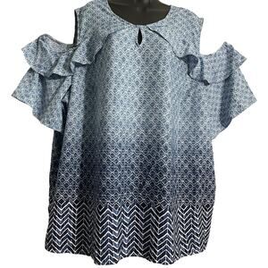 Catherines Womens Plus Size 3X Cold Shoulder Georgette Blue Short Sleeve Top